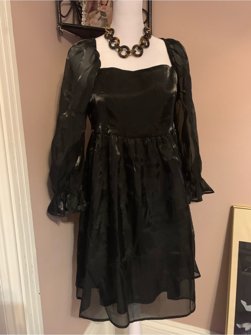 Blu Pepper Black Sheer Puff-Sleeve Midi Dress organza feminine wedding guest